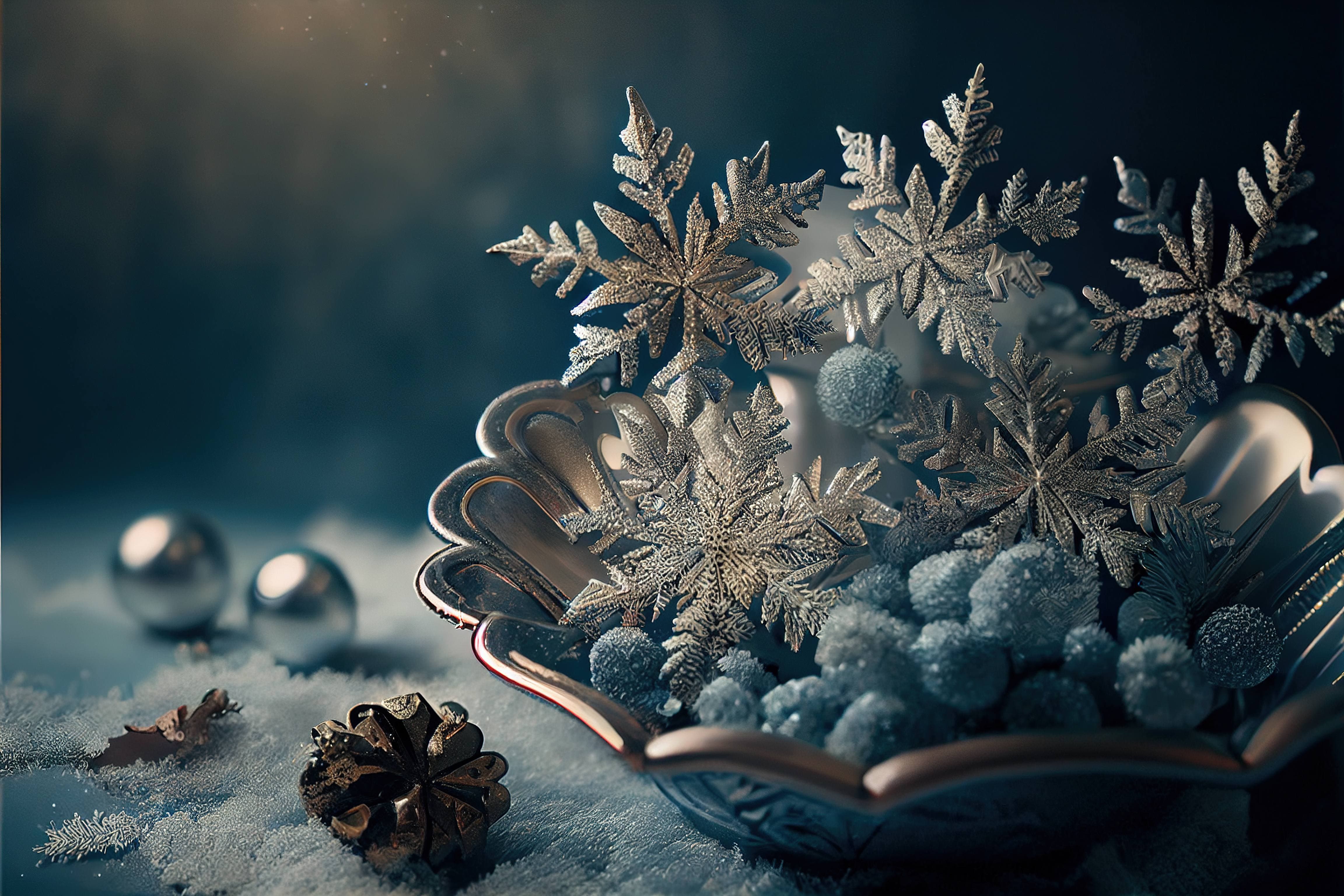 A silver bowl full of silver snowflakes on a blue background - Snowflake