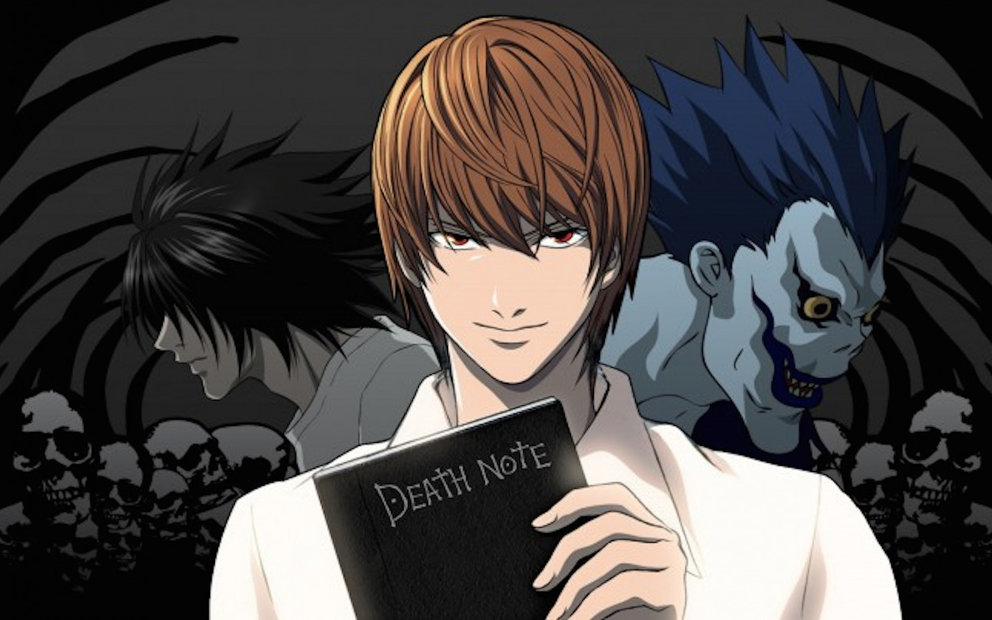 A man holding an open book with two other characters - Death Note