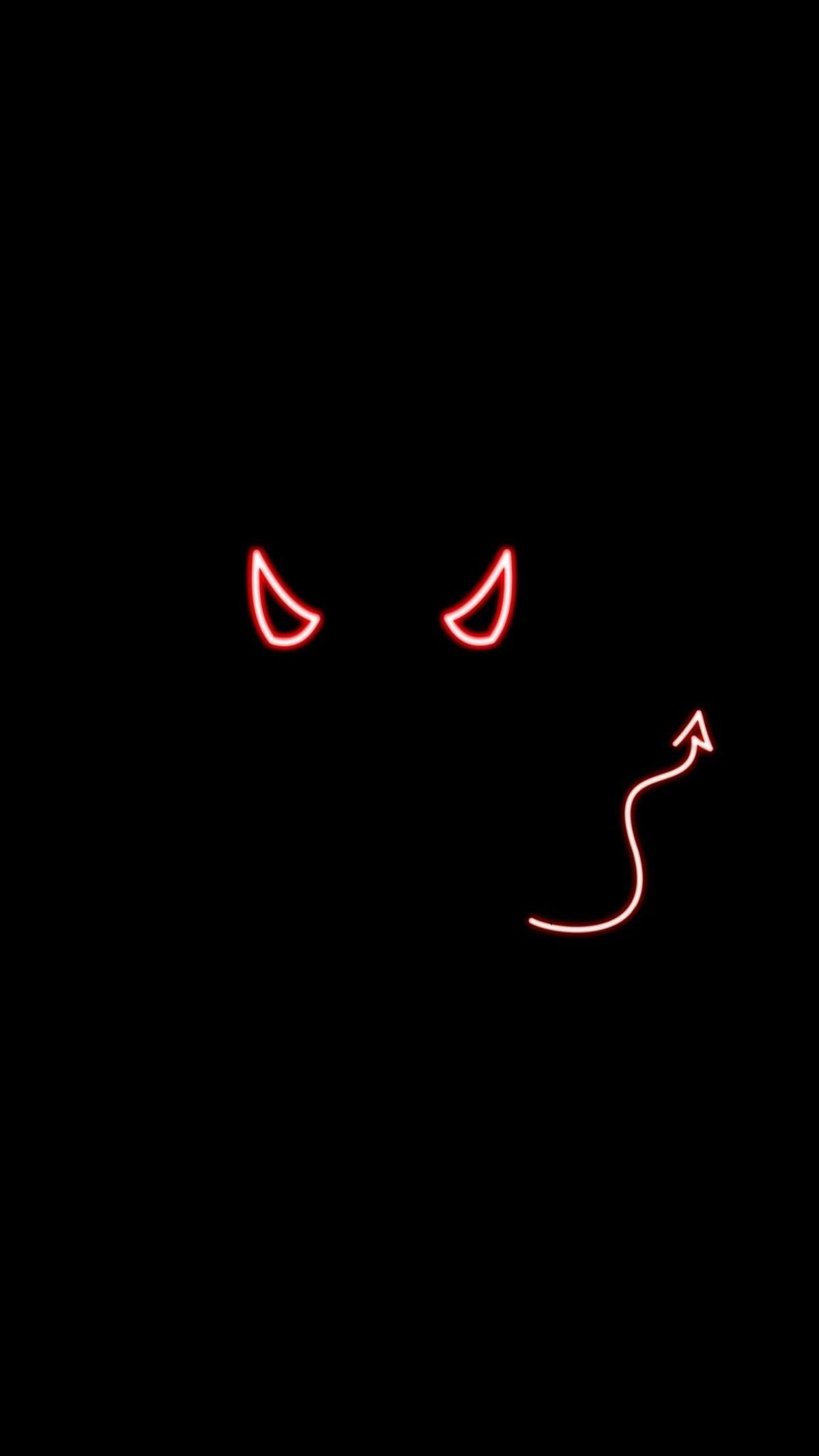 A red neon illustration of a face with red horns and a red forked tongue on a black background - Black glitch