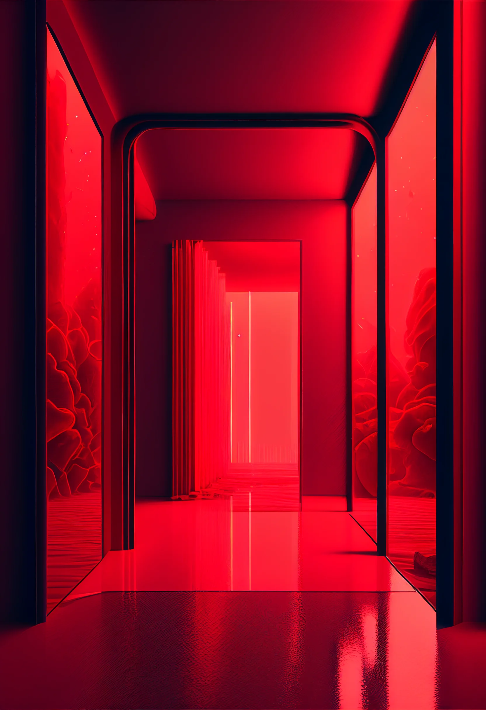 A hallway with red walls and floors - Light red