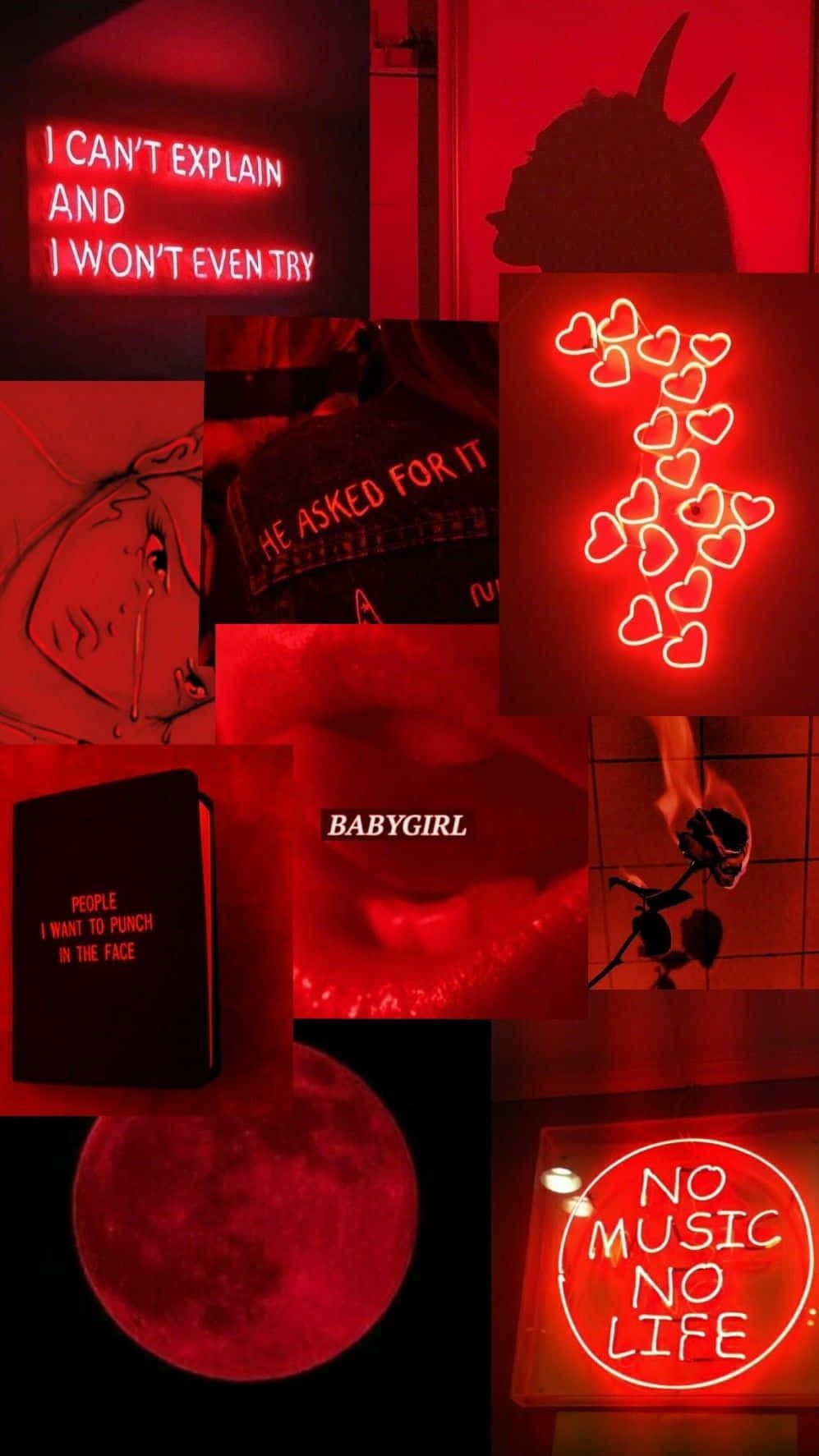 Red aesthetic background with red neon signs, lips, and a red moon. - Light red, neon red