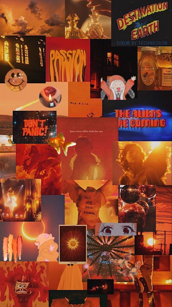 Aesthetic collage of orange and red images including a sunset, a person holding a sign that says don't panic, and a bottle of pills. - Dark orange, neon orange
