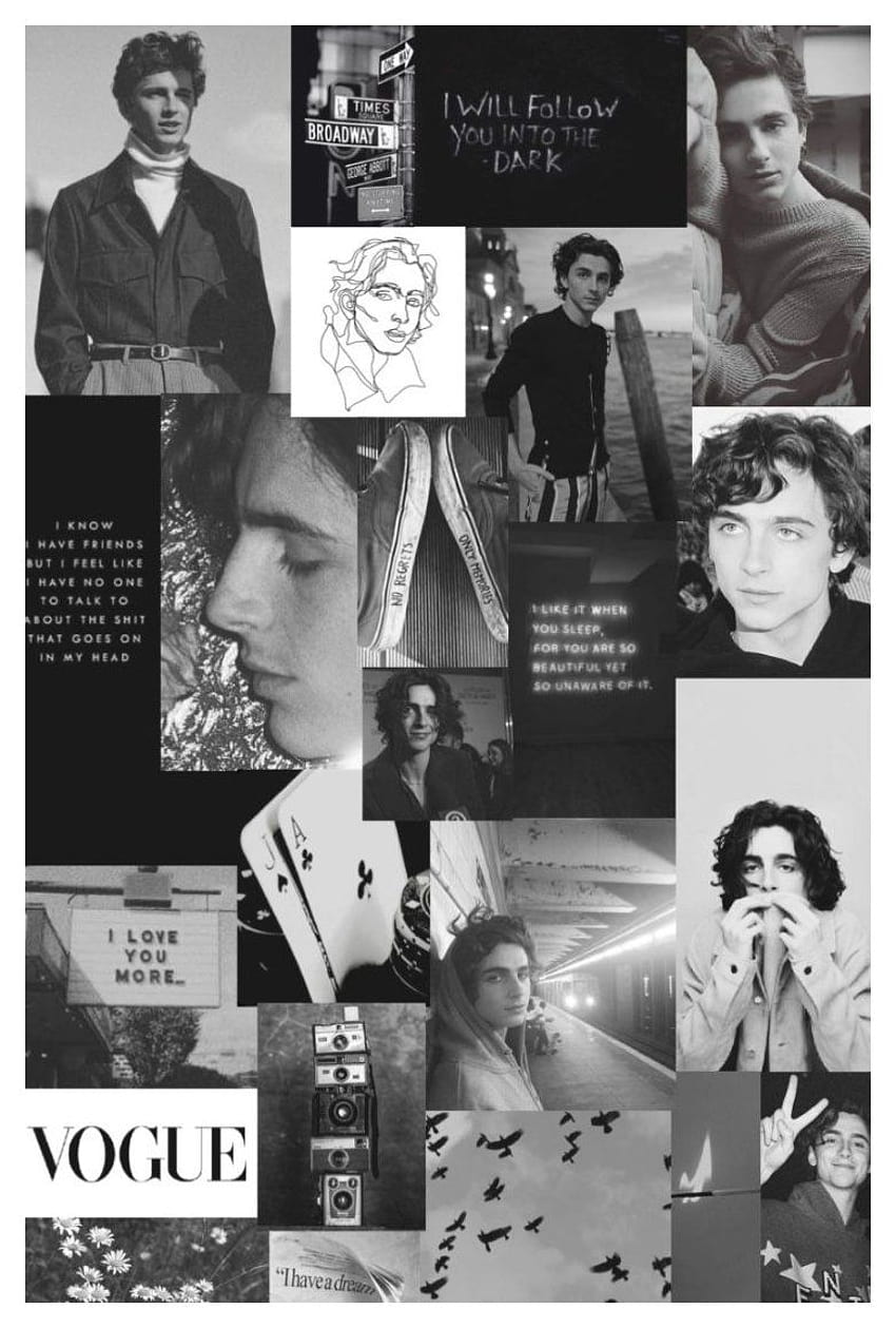 A collage of black and white photos of Timothee Chalamet, a Vogue magazine cover, playing cards, and other random photos. - Timothee Chalamet