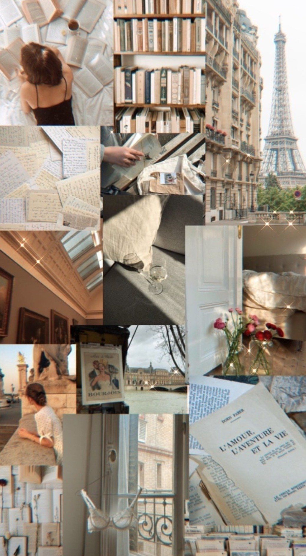 A collage of images of books, flowers, and the Eiffel Tower - Light academia