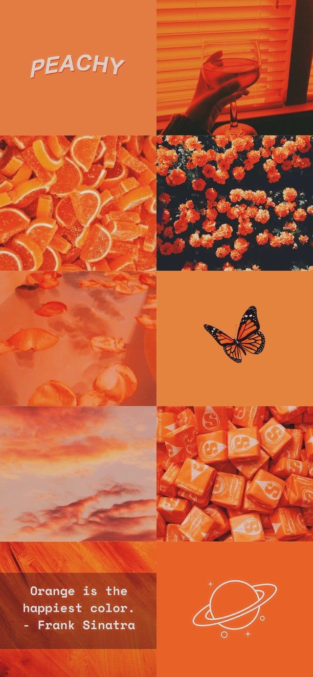 Orange and yellow background with various images of fruit - Dark orange