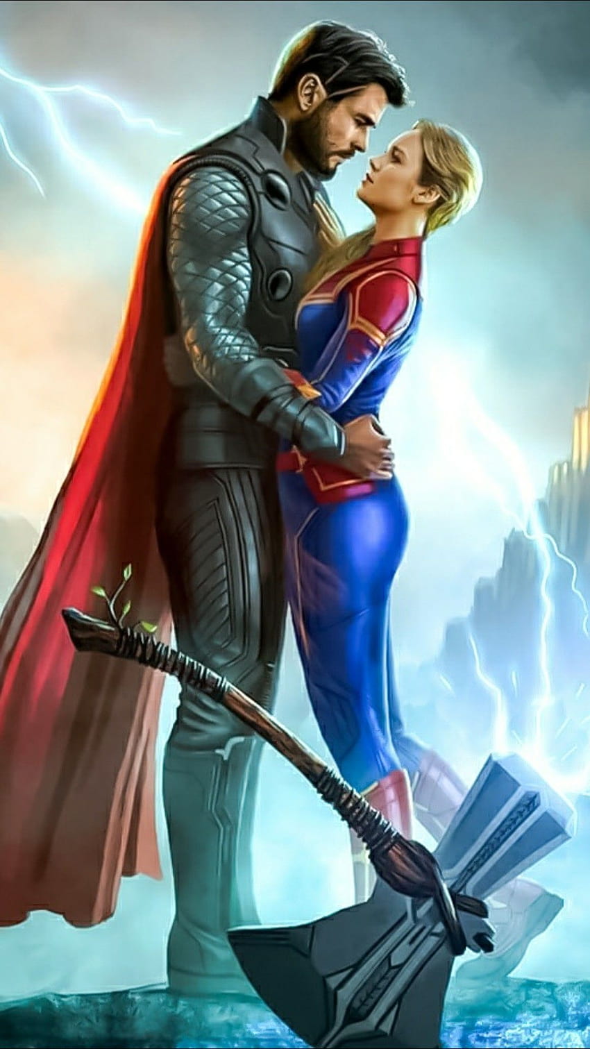 Thor and Captain Marvel, superhero movie couples HD phone wallpaper
