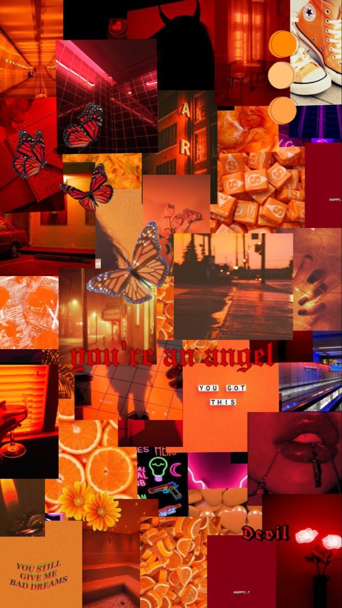 Aesthetic red collage background with butterfly, donut, neon sign, and fruit. - Dark orange