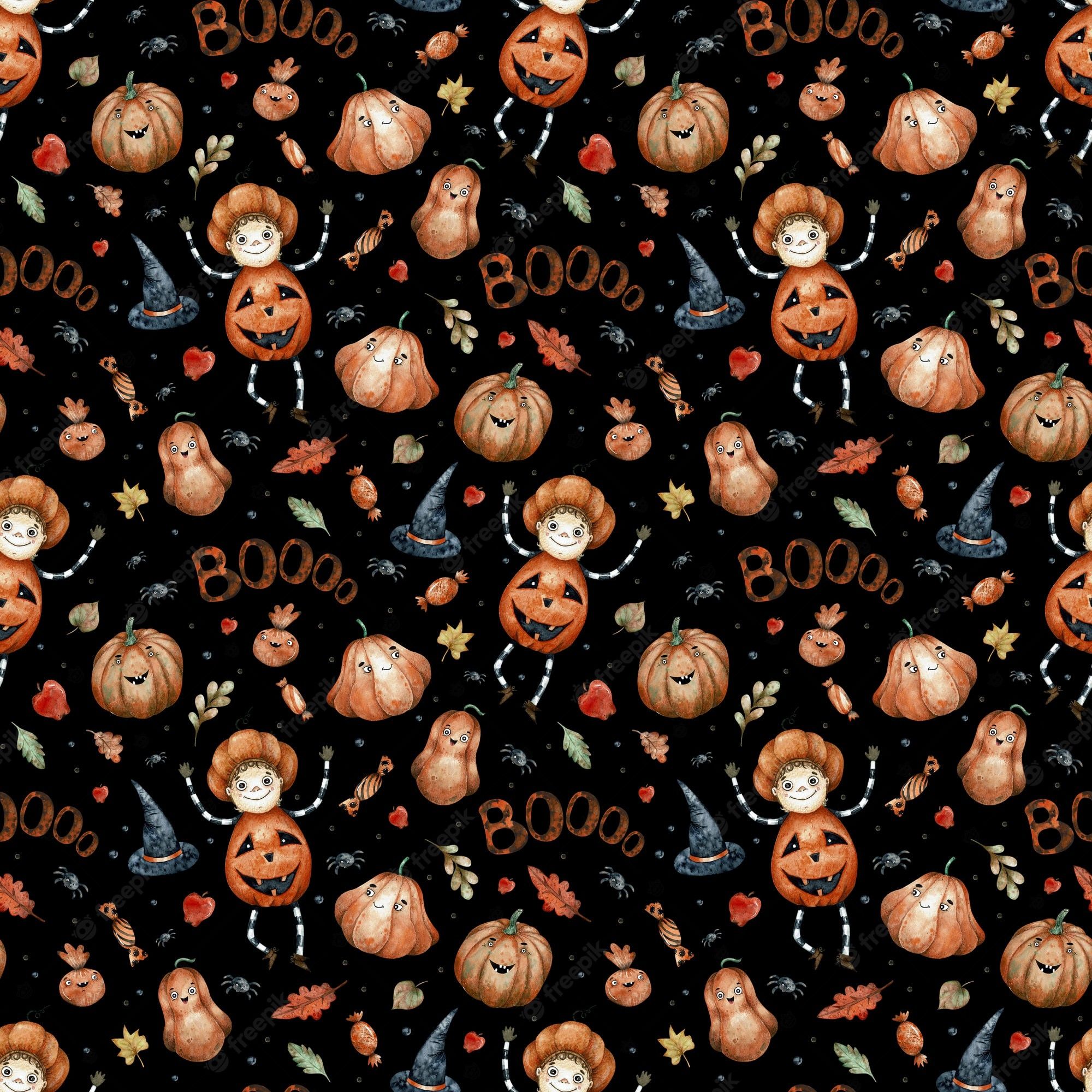 Premium Photo. Watercolor seamless pattern with orange halloween candies, pumpkins, mushrooms, black hats and spikes. halloween decoration endless background