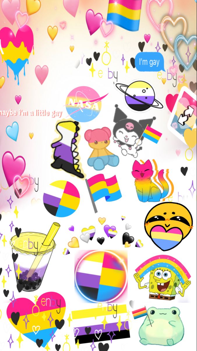 A collection of stickers including hearts, a cat, a cup, a flag, and the words 