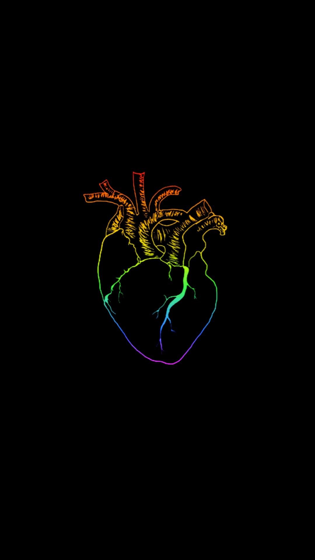 IPhone wallpaper of a neon rainbow heart on a black background - Pansexual