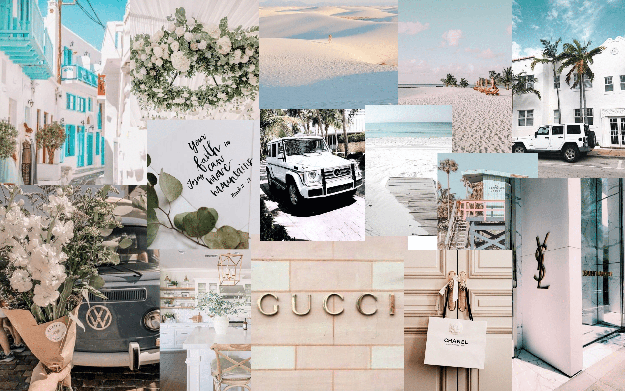 A collage of images including a car, a beach, and a Chanel bag. - Chanel