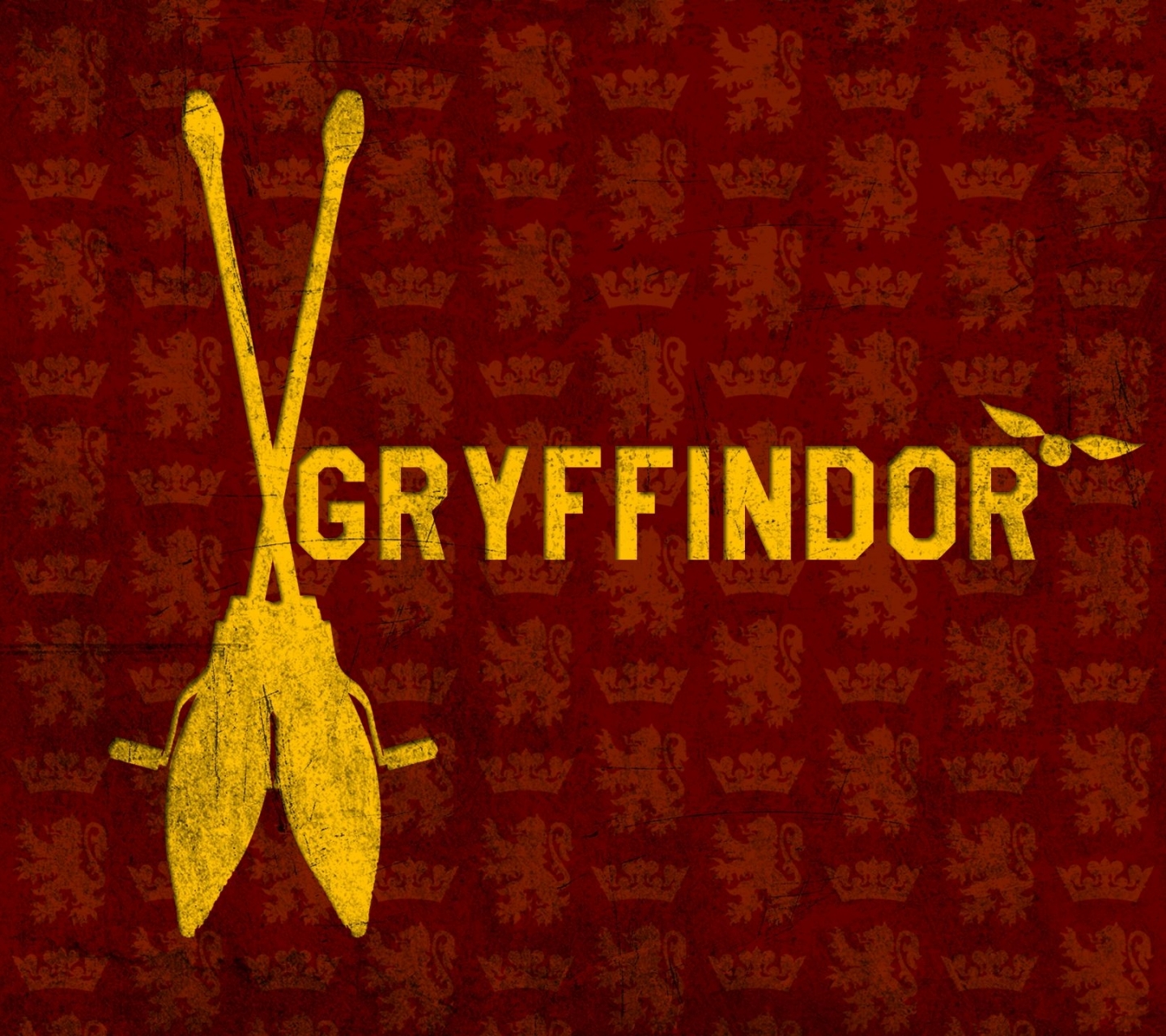 A Gryffindor wallpaper with the house name and symbol on a dark red background with a pattern of crowns. - Gryffindor