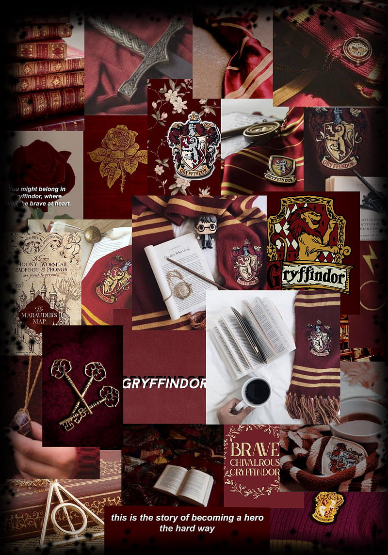 A collage of Gryffindor items including books, a wand, and a scarf. - Gryffindor