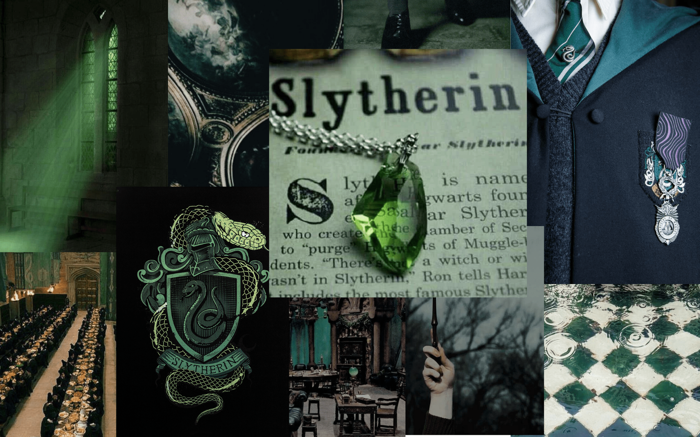 A collage of Slytherin related items such as the house crest, the snake, and a necklace. - Slytherin