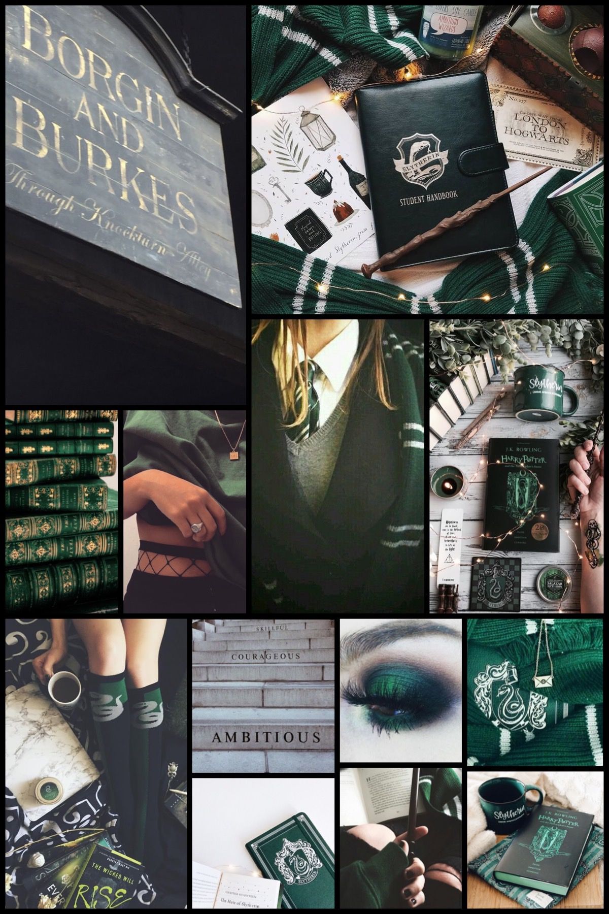 A collage of photos of the Harry Potter series, specifically the house of Slytherin. - Slytherin