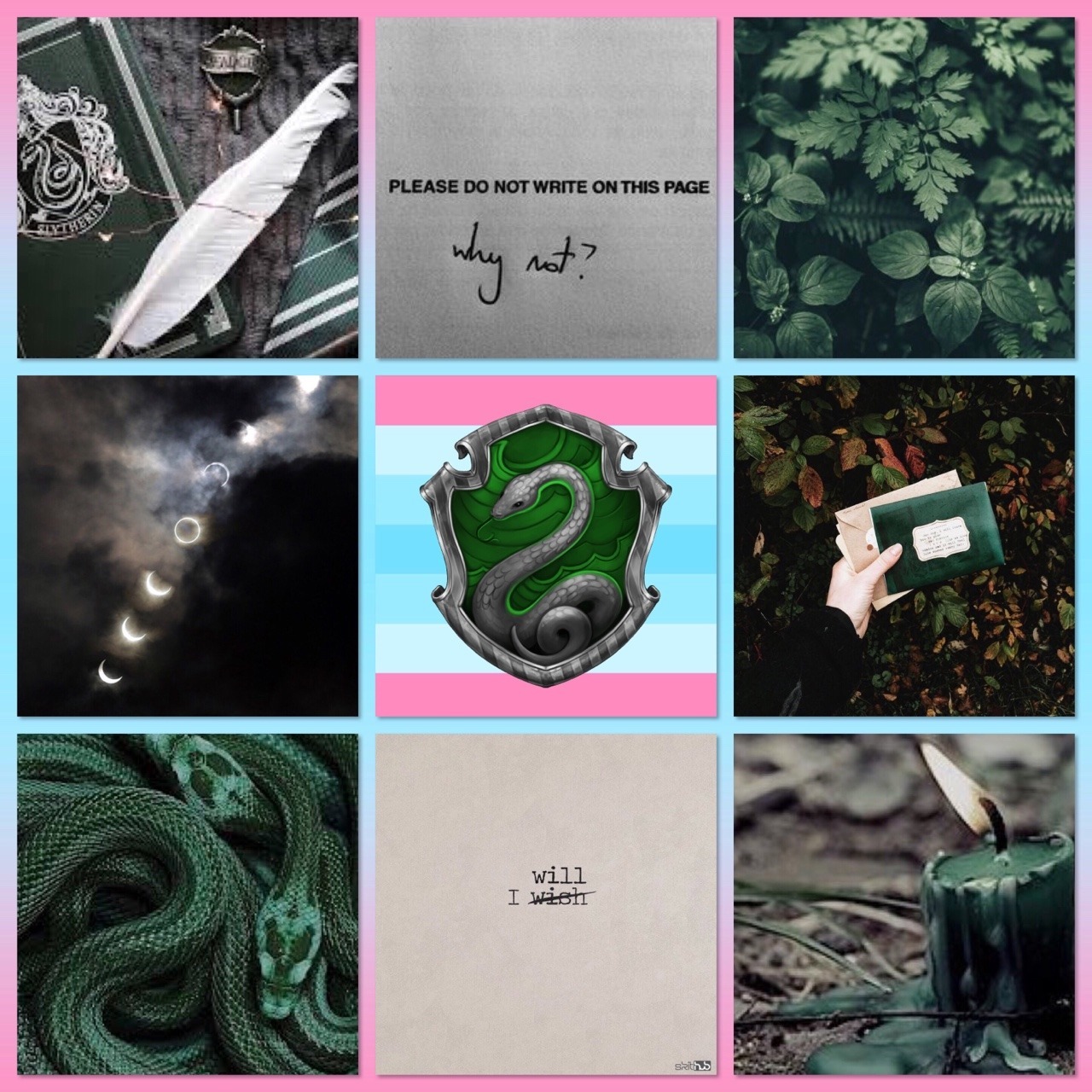 A collage of images including a green snake, a book, a feather, and a slytherin crest - Slytherin