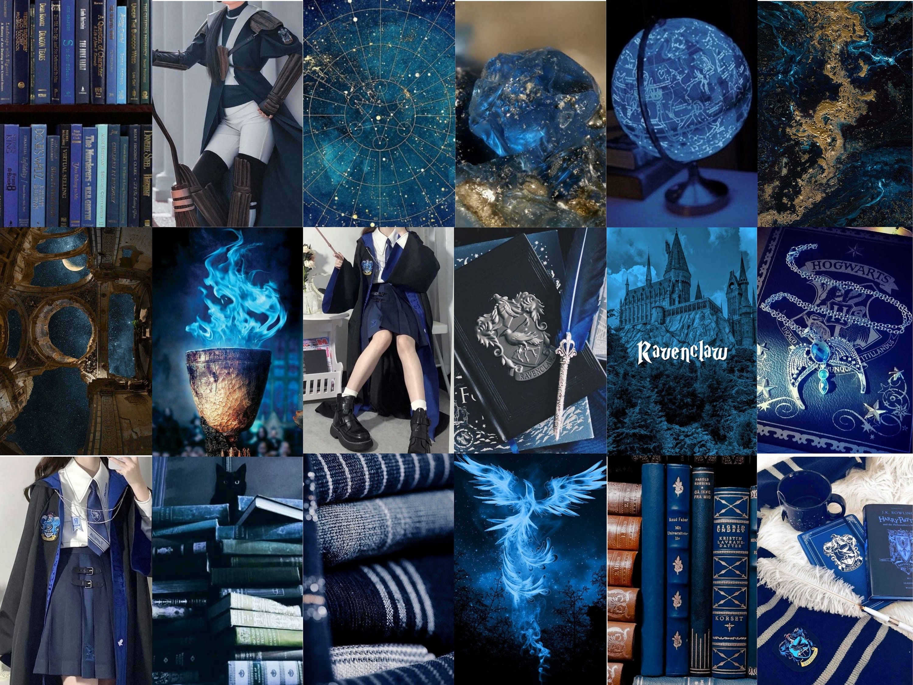 A collage of pictures showing harry potter items - Ravenclaw