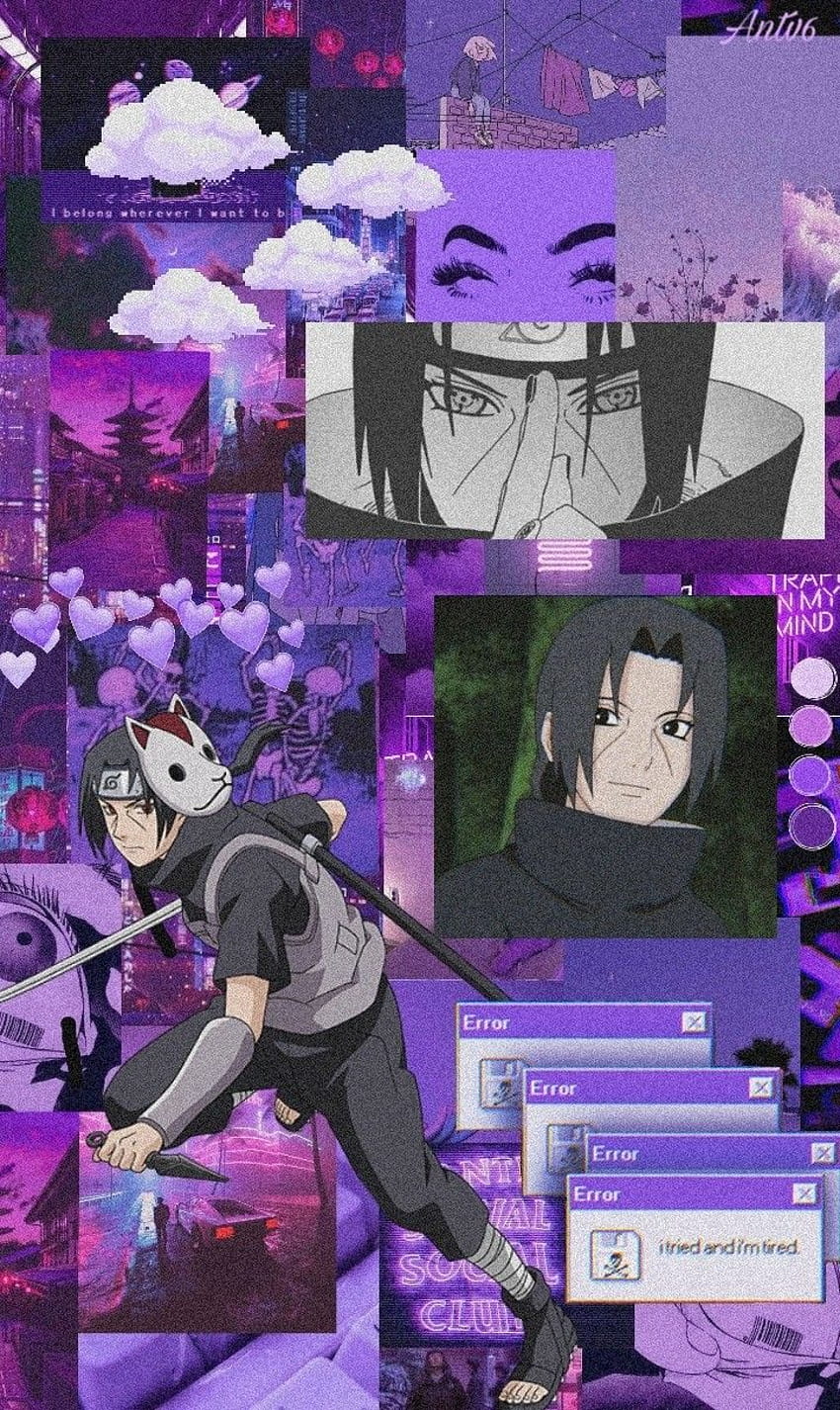 A collage of images with purple and blue backgrounds - Itachi Uchiha