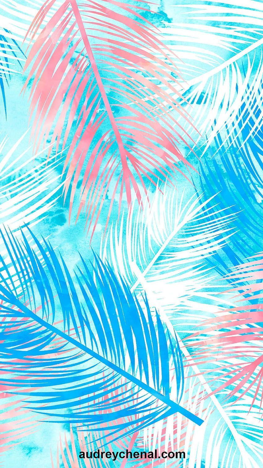 A watercolor palm leaf pattern in blue and pink - Modern