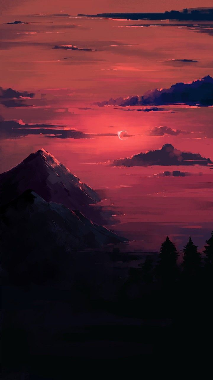A painting of the sun setting over mountains - Sunlight