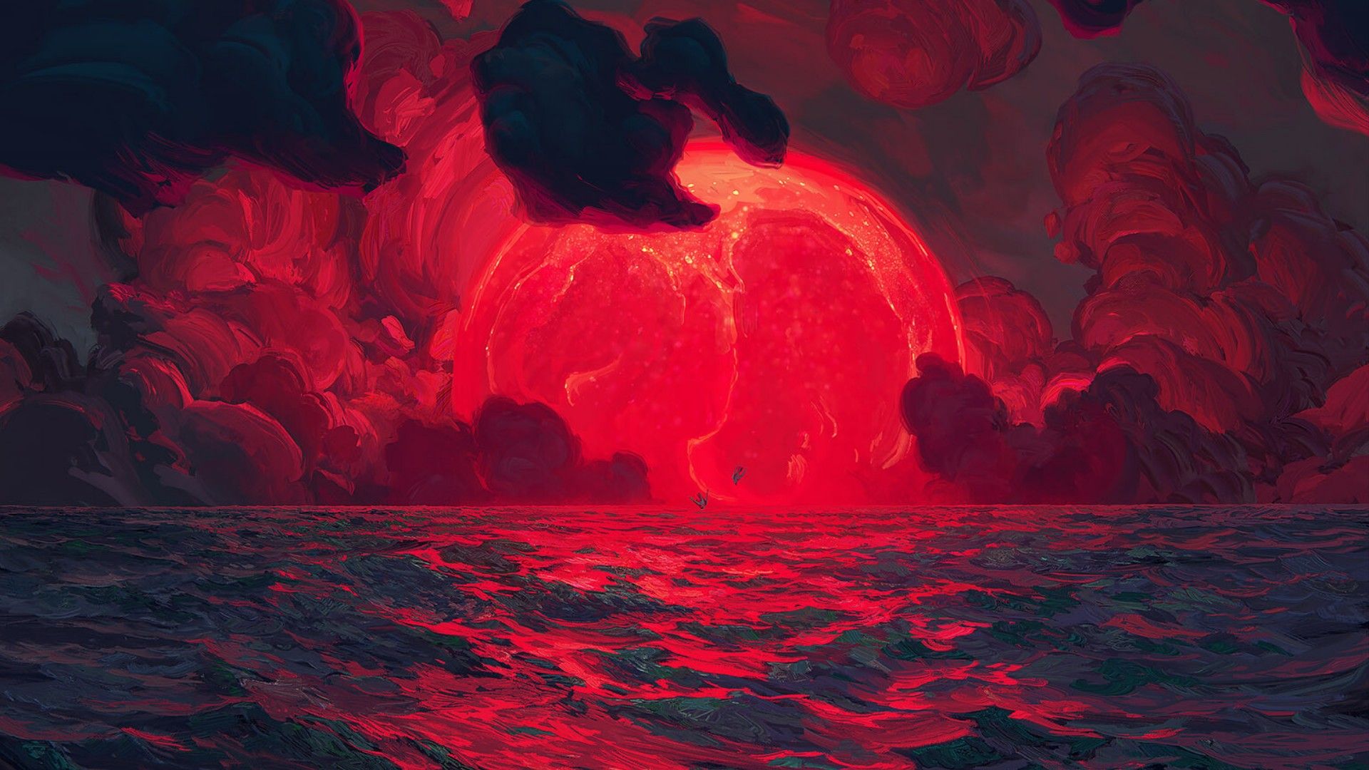Artistic Painting HD, Red, Cloud, Sun, Sea Gallery HD Wallpaper