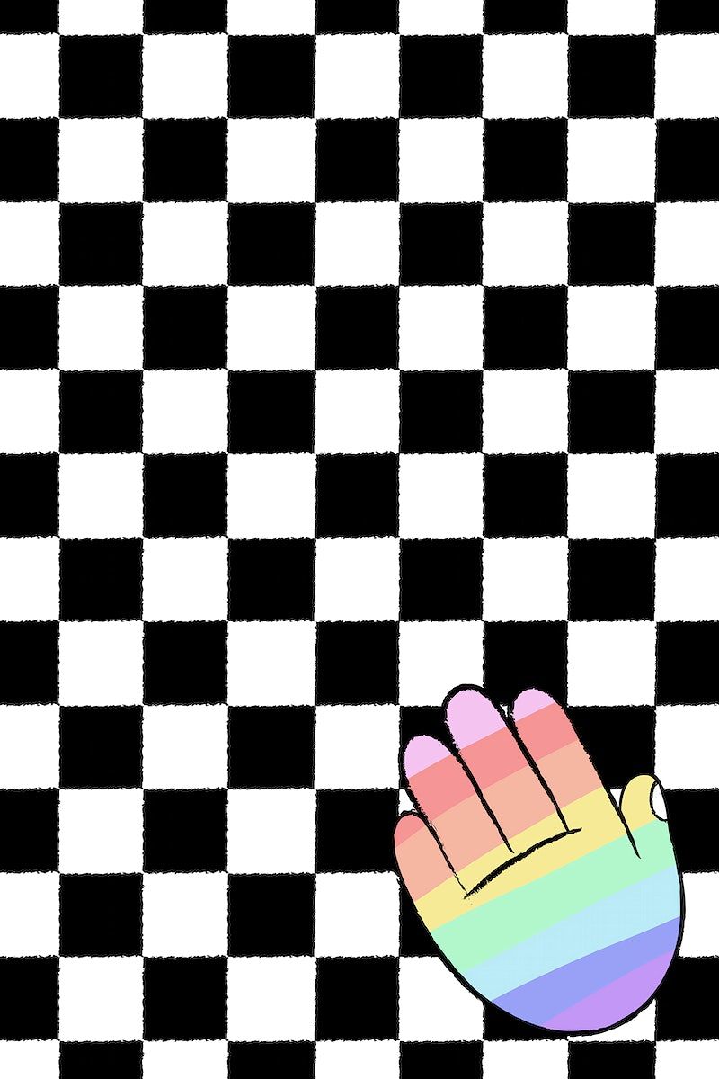 A rainbow colored hand is on top of the checkerboard - Checkered