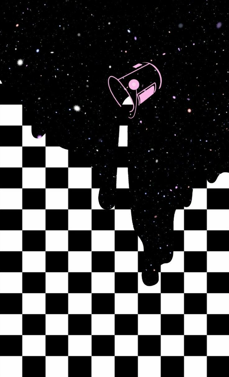 Aesthetic phone wallpaper of a black and white checkered floor with a pink liquid spill on it. - Checkered