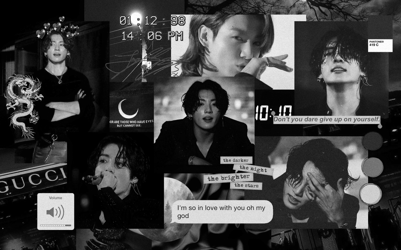 A collage of black and white photos with different people - Jungkook