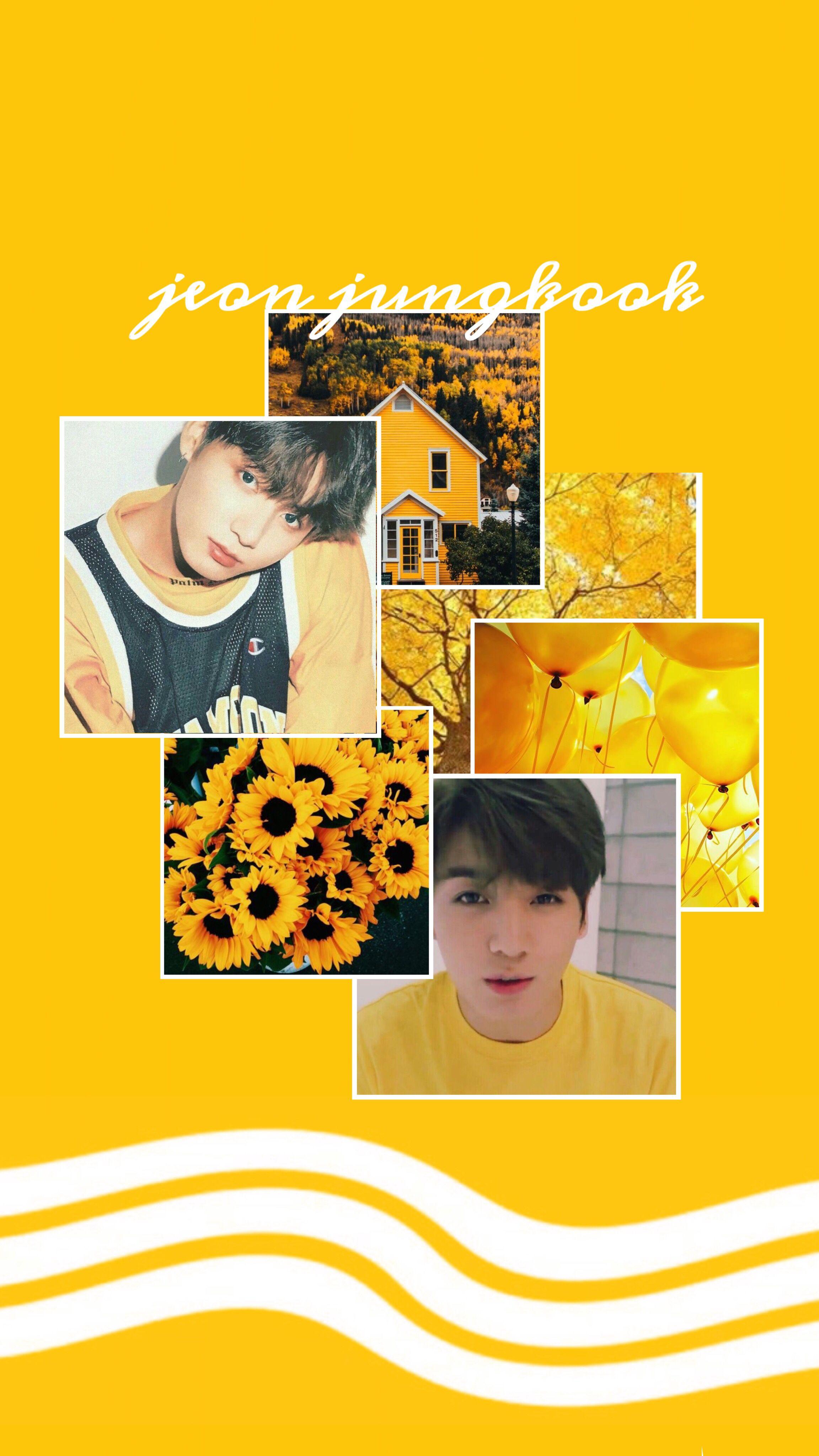 A yellow background with pictures of people - Jungkook