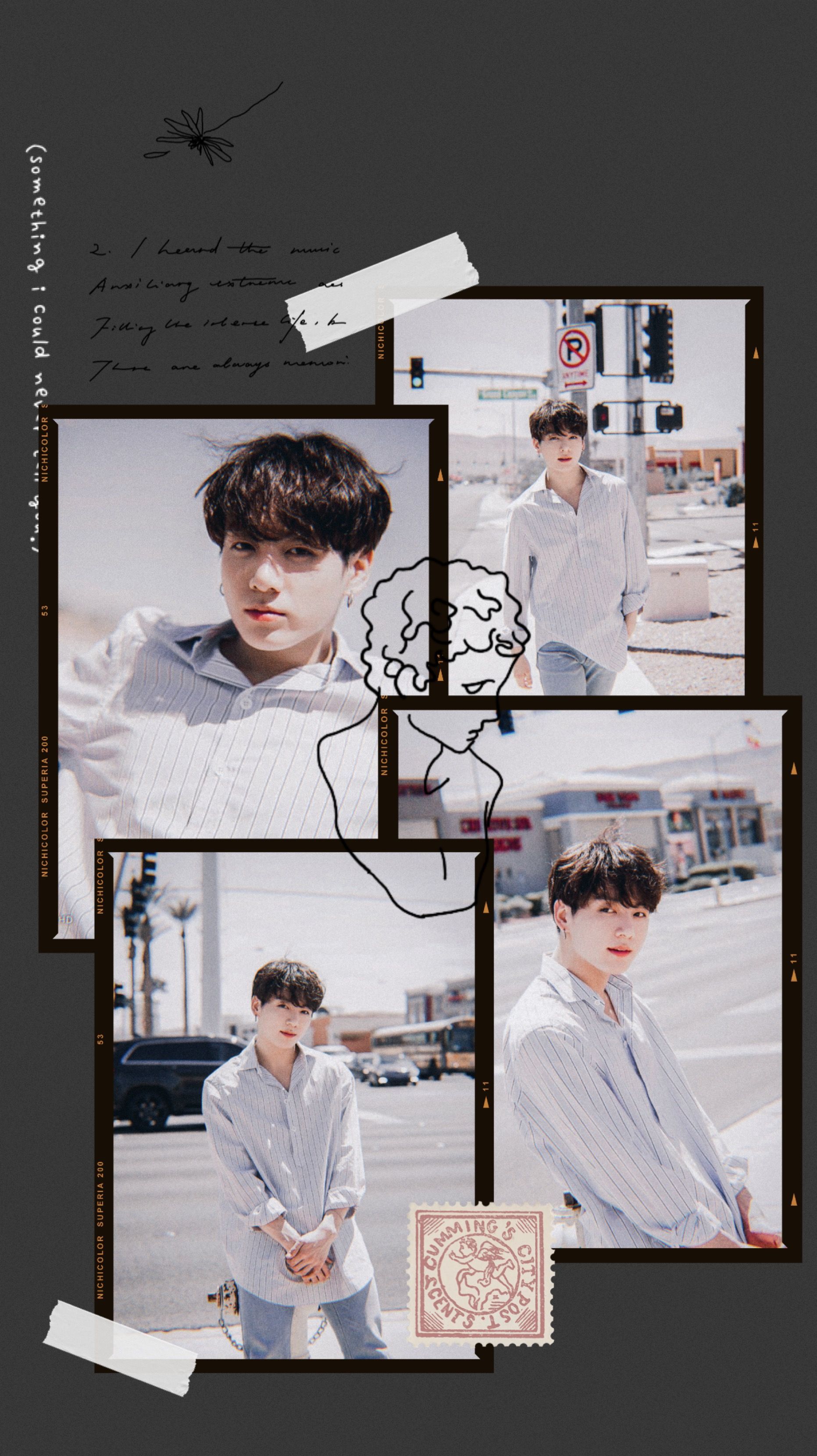 A collage of pictures with stickers on them - Jungkook