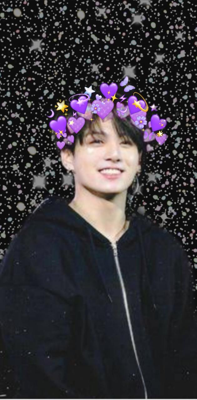 A black and white image of a man wearing a purple flower crown. - Jungkook