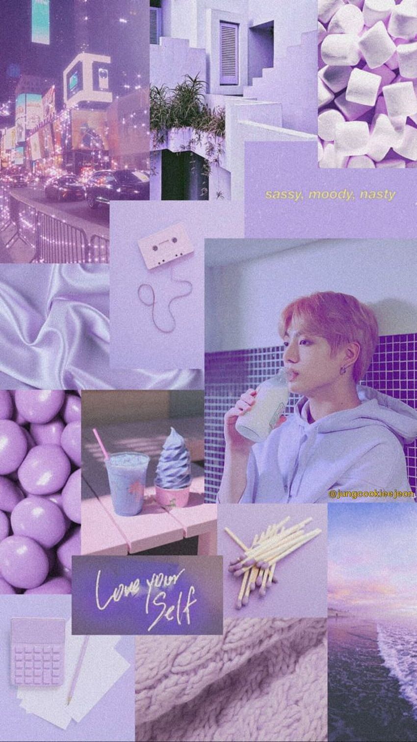 A collage of purple and pink images with the words love your self - Jungkook