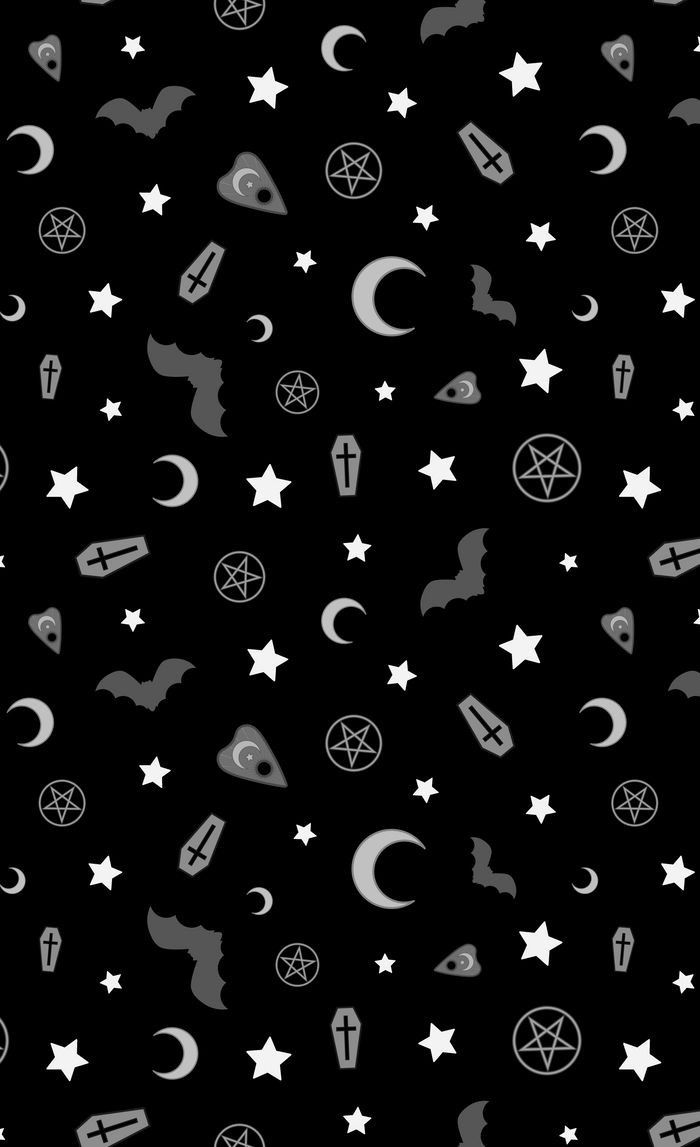 Aesthetic black and white wallpaper with bats, moons, stars, and<ref> coffins</ref><box>(469,374),(532,448)</box> - Gothic