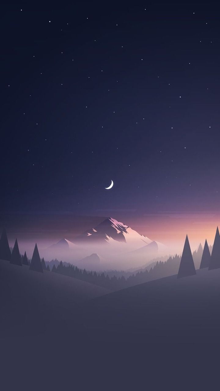 Night landscape with mountains, trees and the moon. - Night
