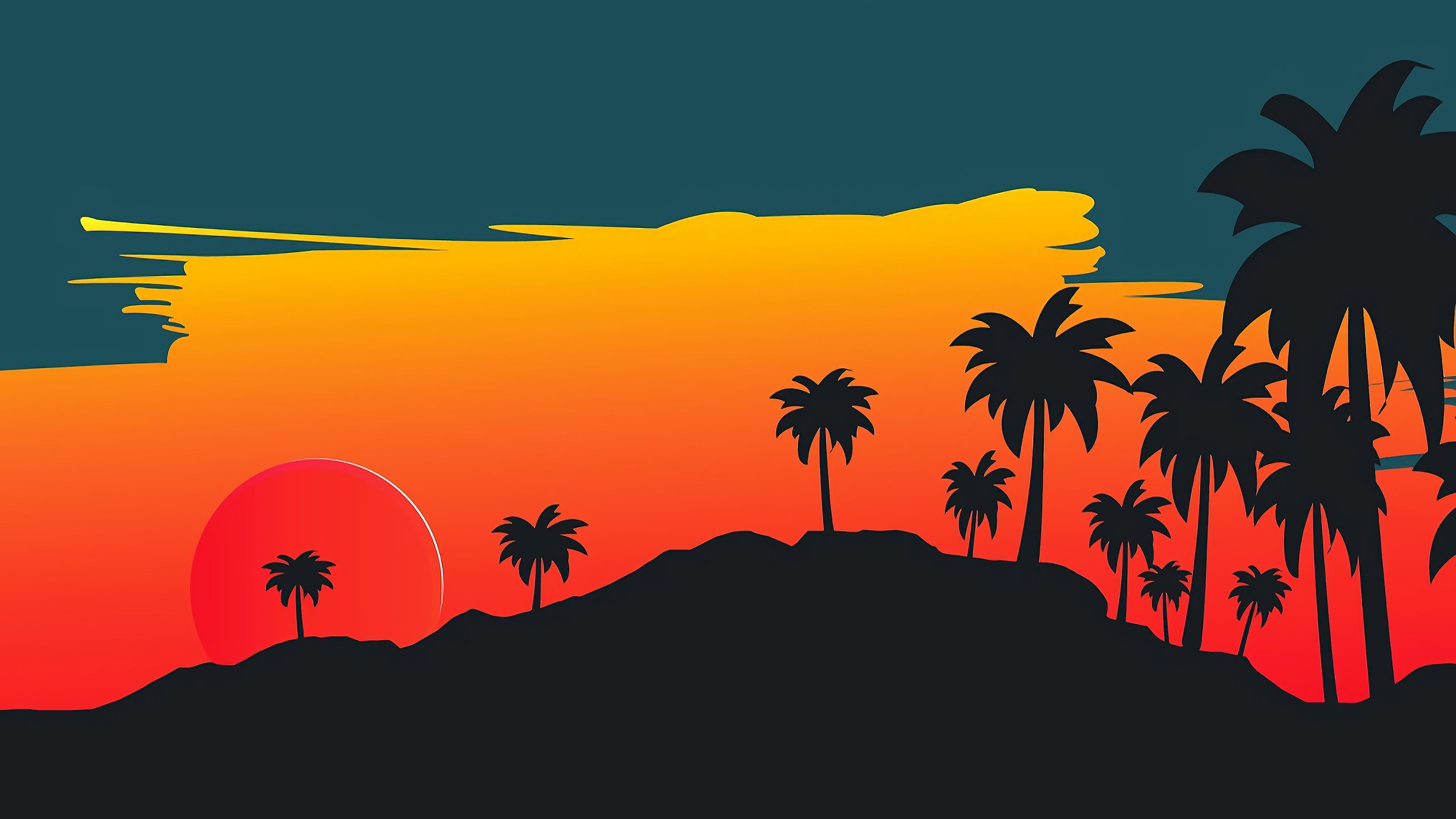 A sunset scene with palm trees and mountains - Tropical