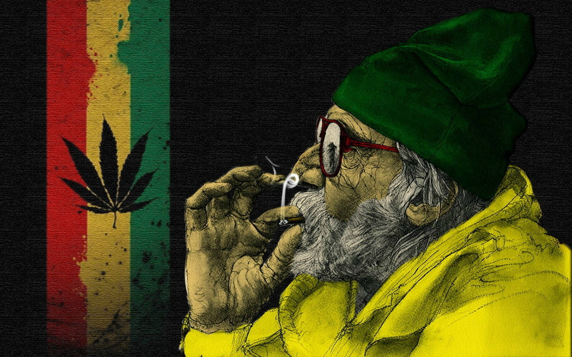 A stoner rasta man lights a joint in front of a rasta flag - Weed