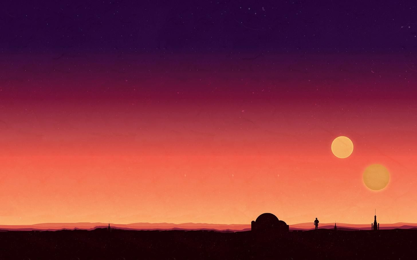 A sunset with two planets in the sky - Star Wars