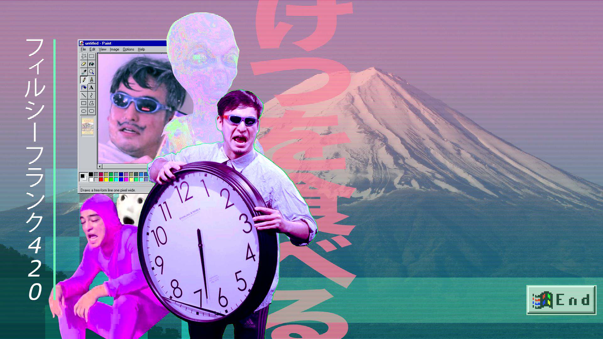 A man holding up an oversized clock in front of the mountain - Vaporwave, 1920x1080, dark vaporwave, 80s, Windows 95