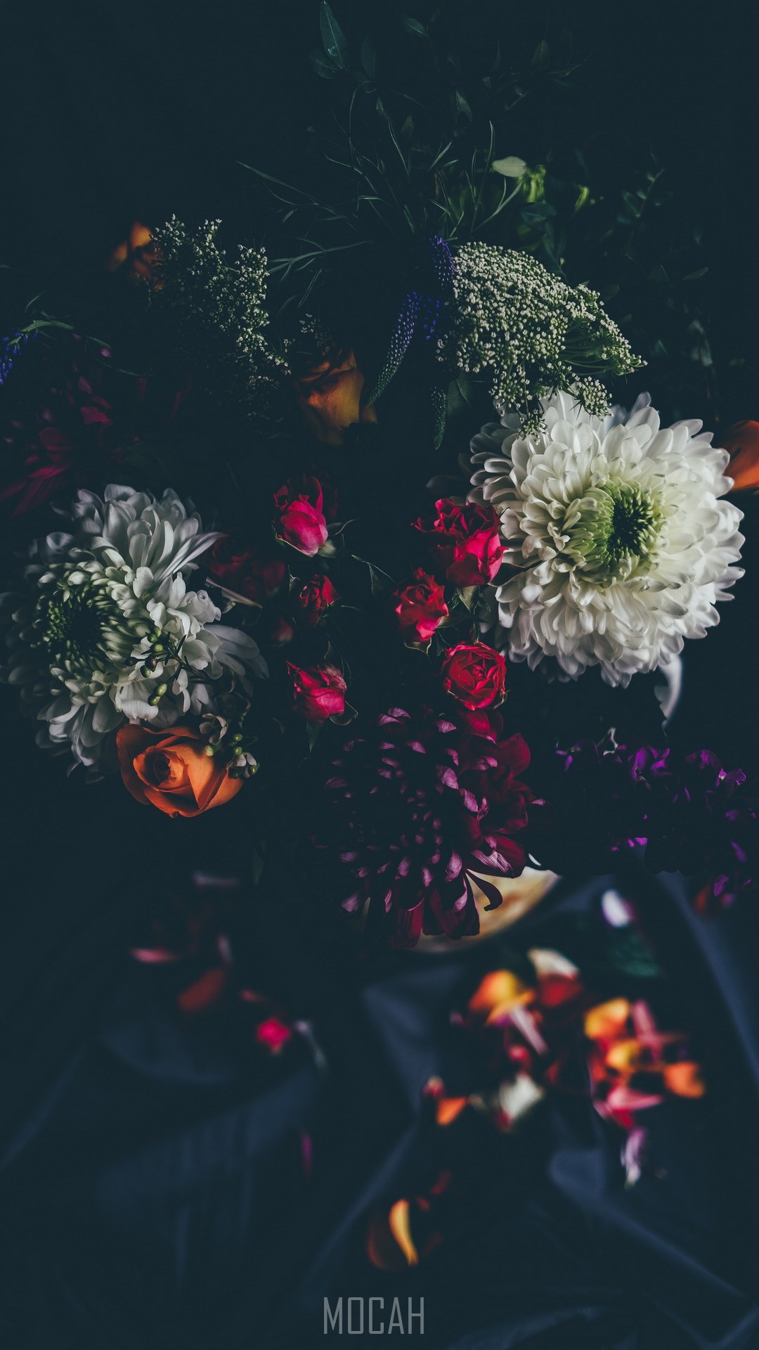 a dim shot of dahlias and roses among other flowers in a colorful bouquet, , Xiaomi Redmi Note 5A wallpaper free download, 720x1280 Gallery HD Wallpaper