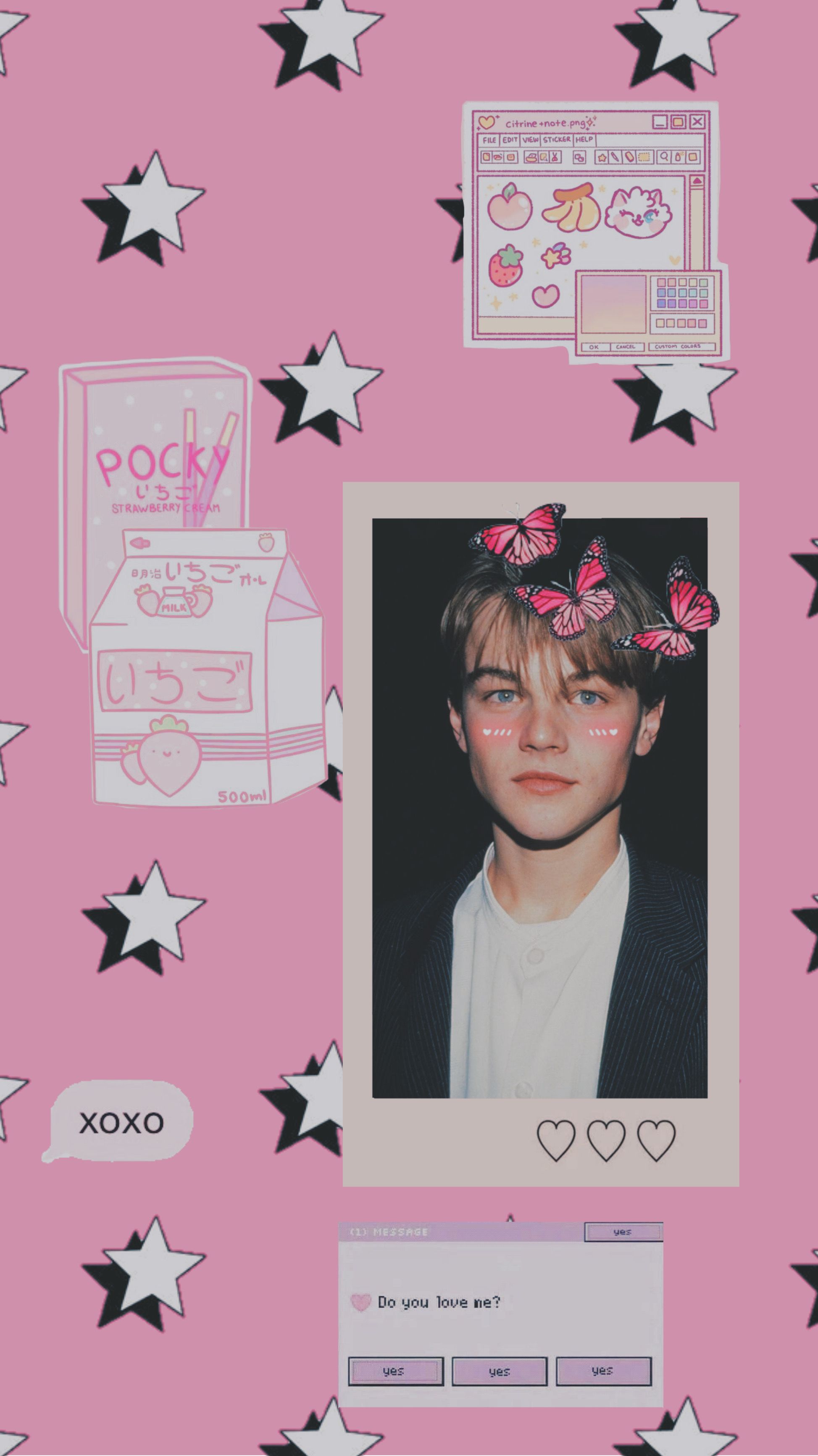 Aesthetic pink background with Leonardo DiCaprio's picture and butterfly on his hair - Leo