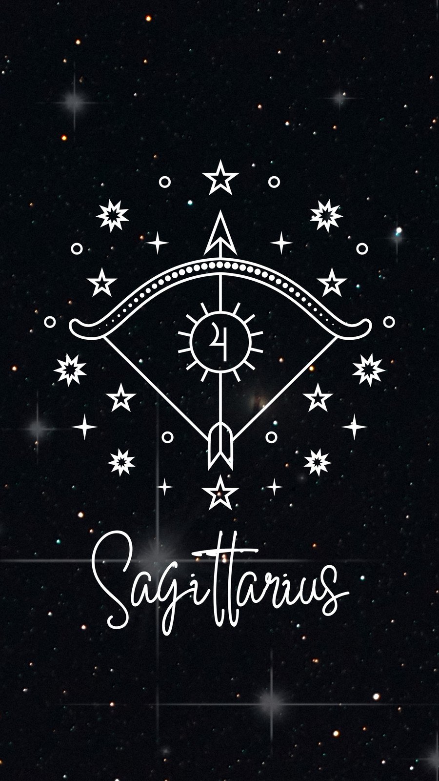 A black background with white outline of Sagittarius symbol and white stars around it. - Sagittarius