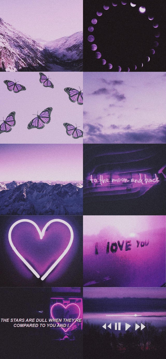 Aesthetic phone background with purple and pink neon lights, butterflies, and a heart. - Libra