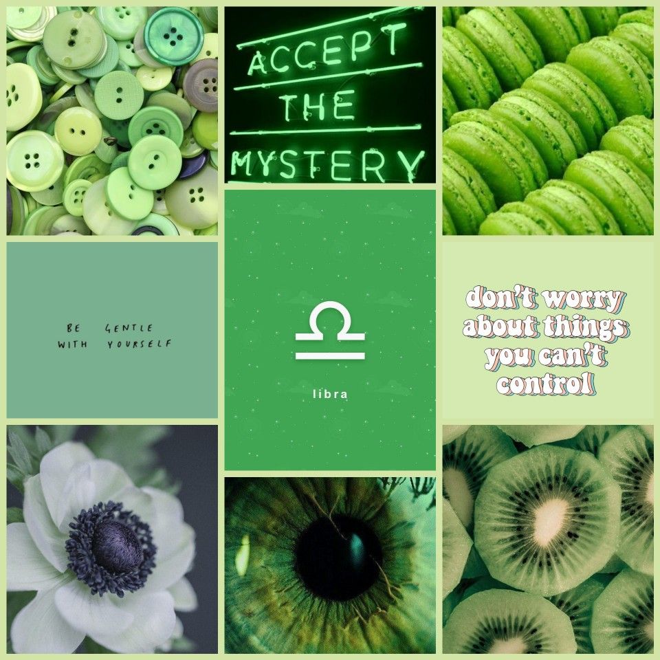 A collage of green and white images with the words acceptance, mystery - Libra