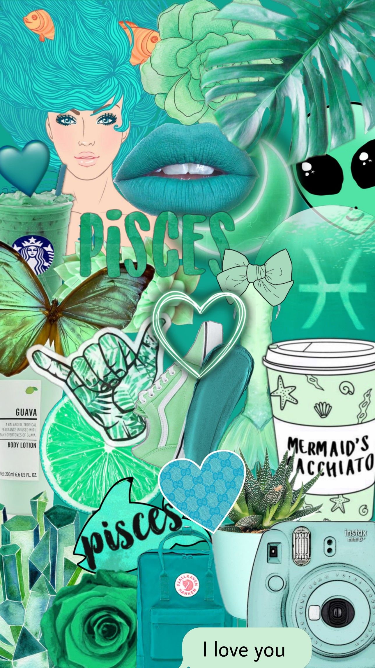 Aesthetic collage with a mermaid, butterfly, camera, heart, lips, and coffee. - Pisces