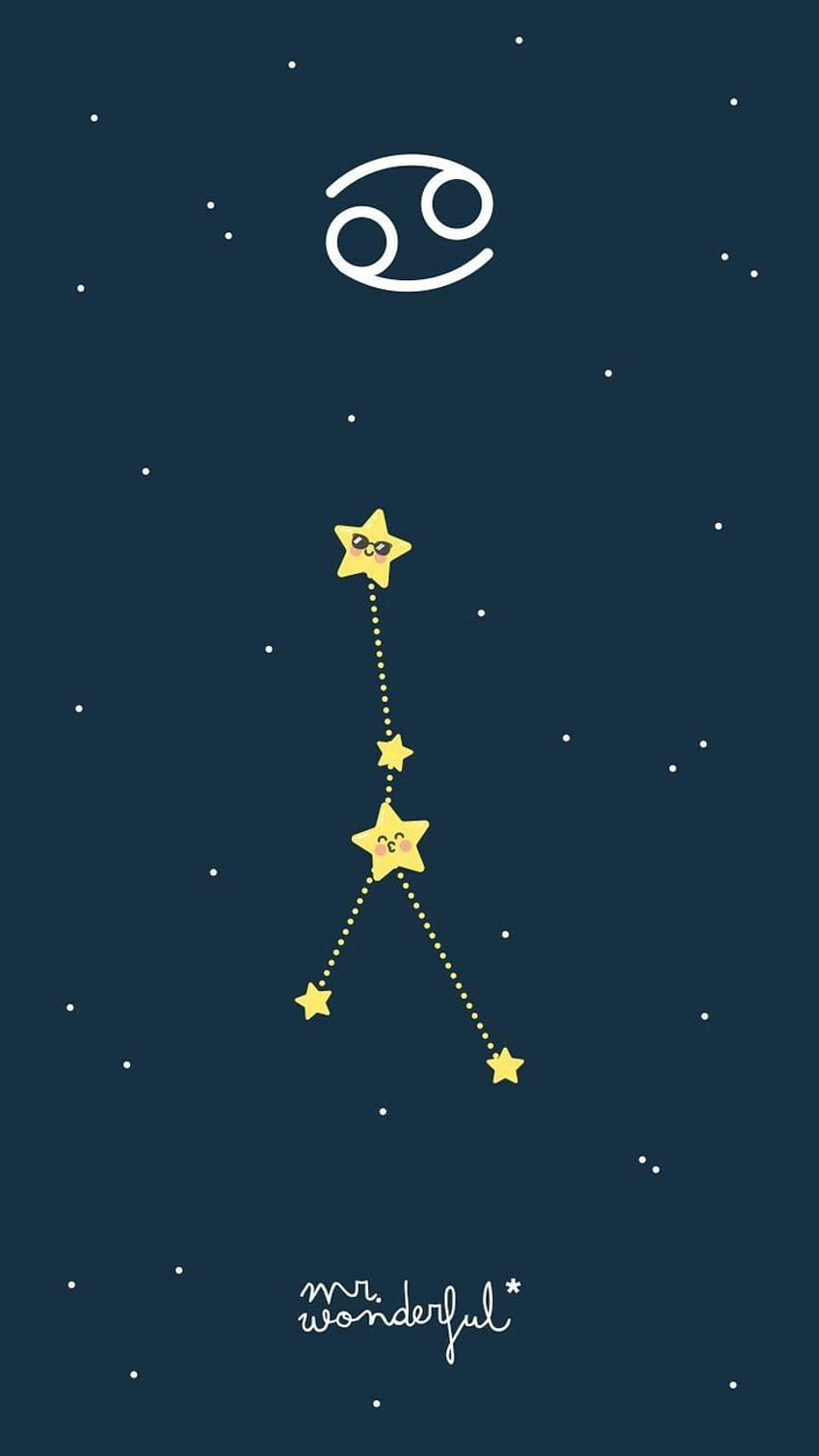 Wallpaper with cancer zodiac sign, cute illustration of stars, on a dark blue background with white stars - Cancer
