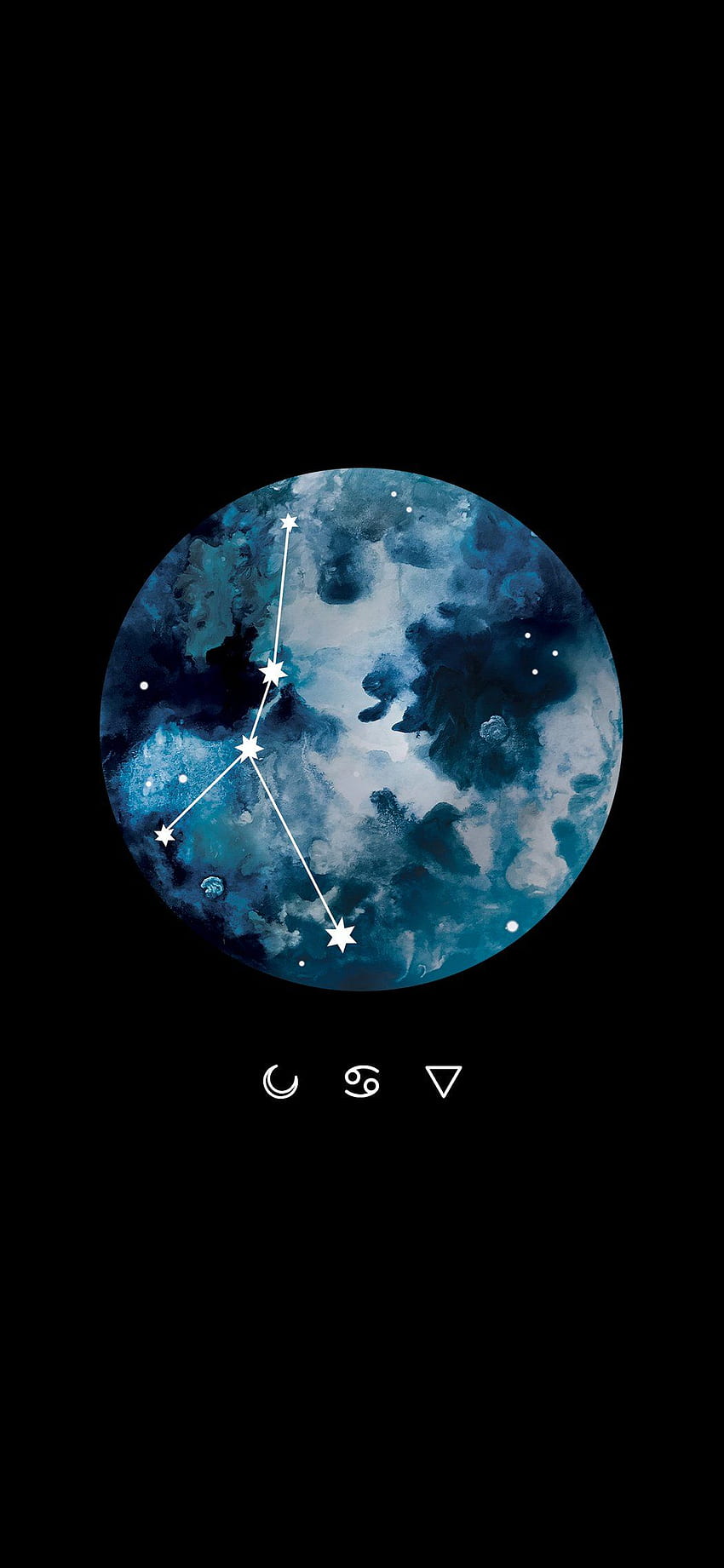 A black background with a blue and white watercolor moon with a Leo constellation. - Cancer