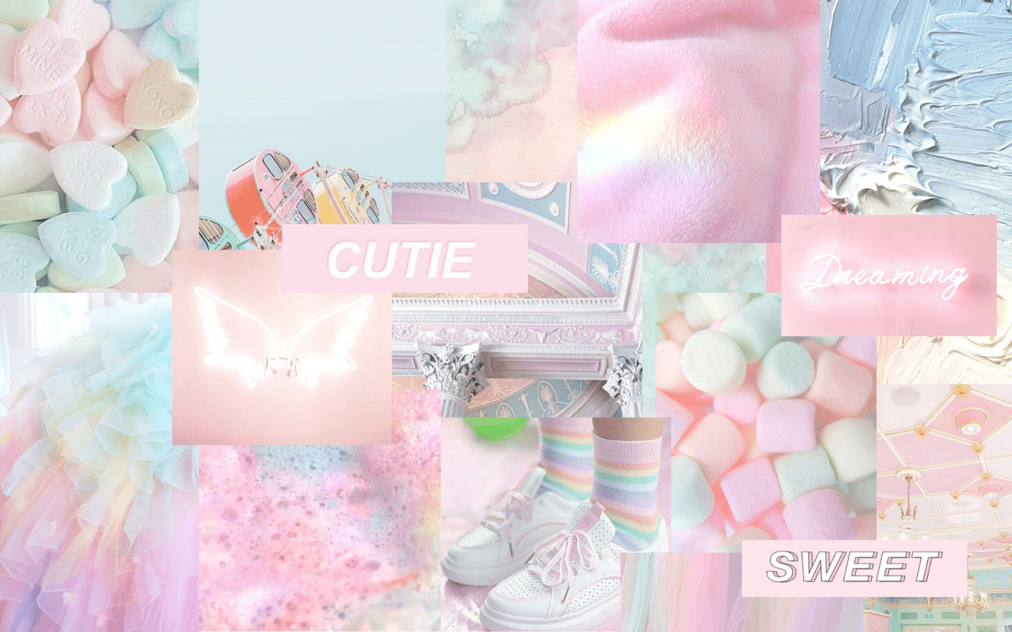 A collage of images in pastel colors with the words Cutie and Sweet - Pastel, 1440x900
