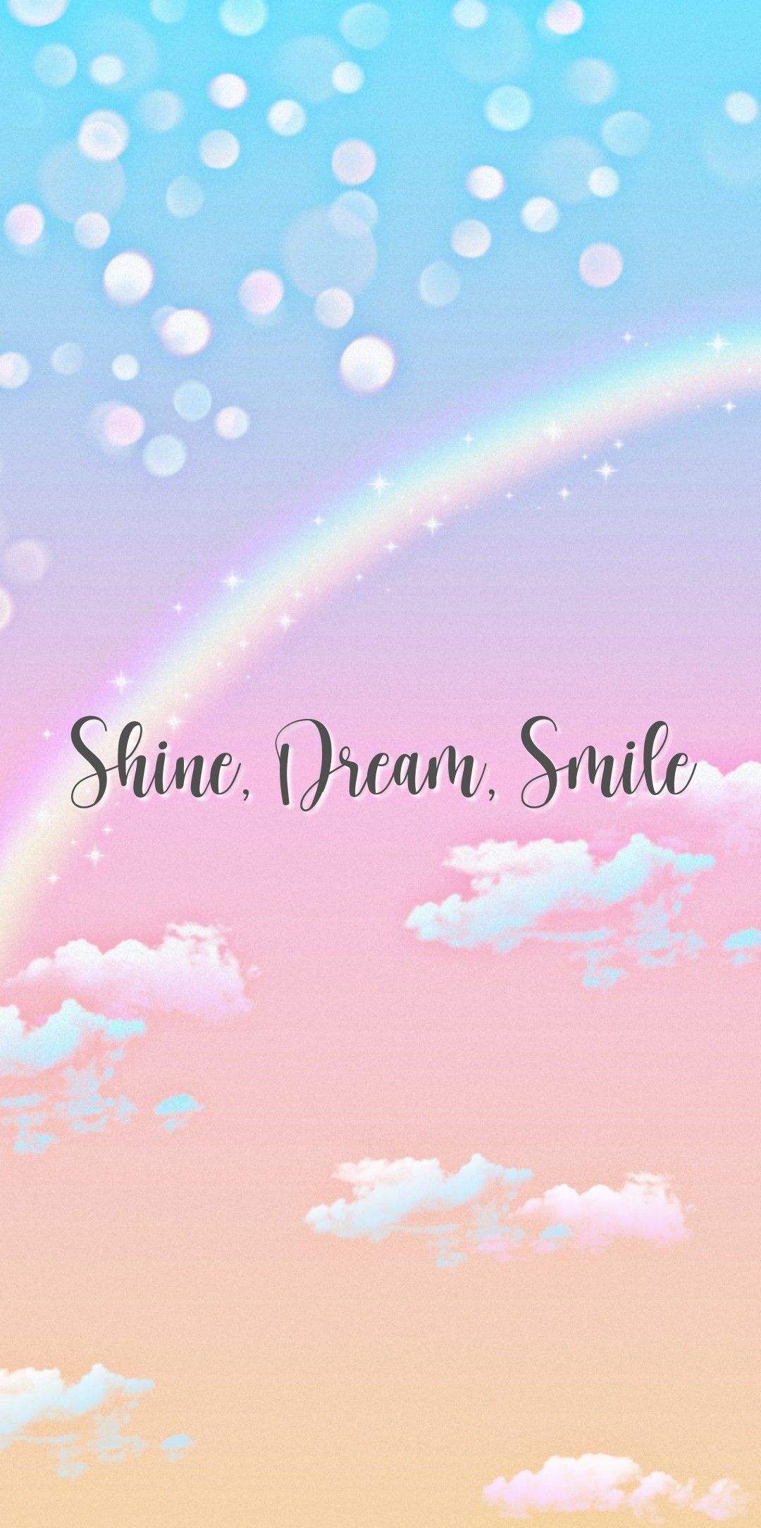 Aesthetic wallpaper for phone with rainbow, clouds and the words 