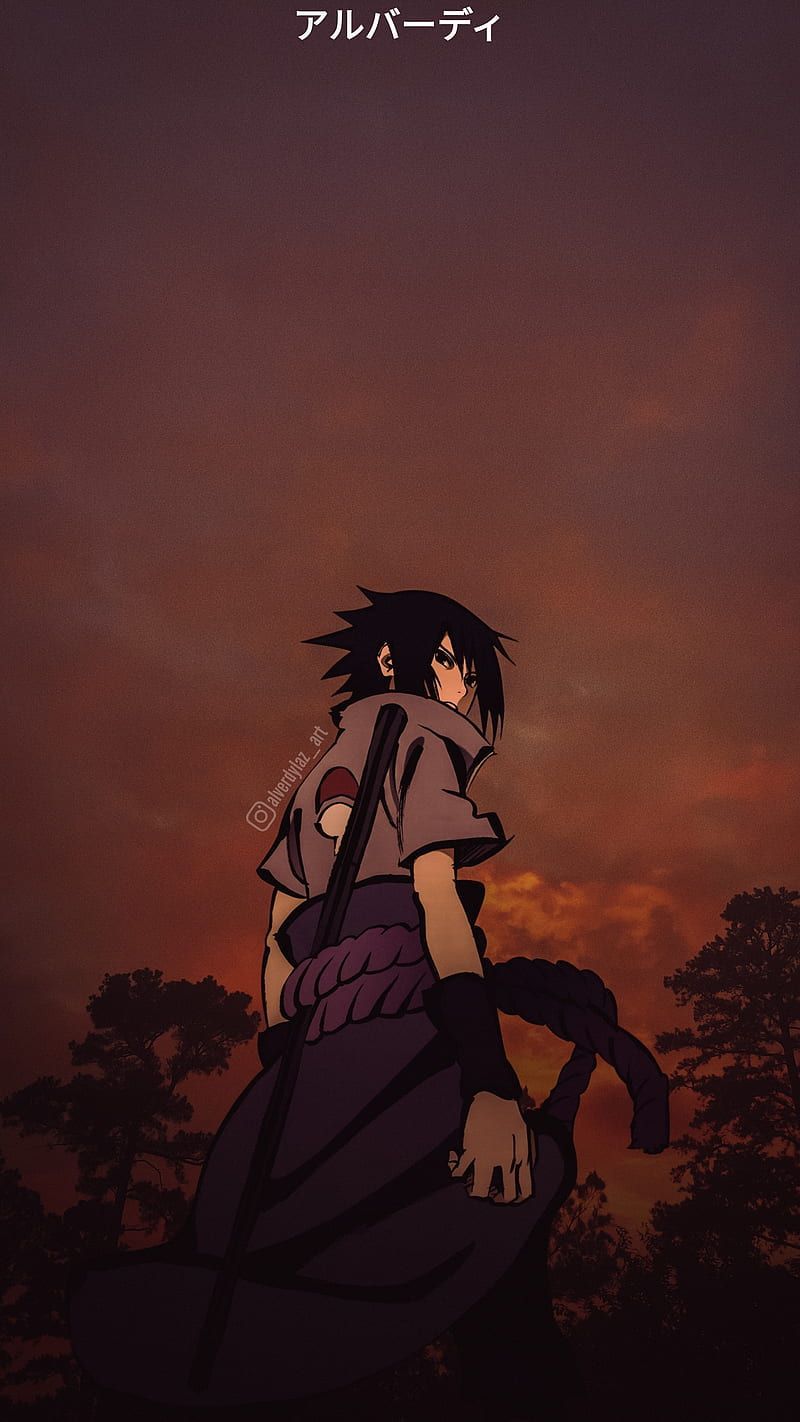 A poster of anime with the title in japanese - Sasuke Uchiha, Naruto