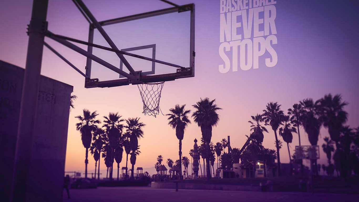 Basketball never stops wallpaper for desktop and mobiles with a basketball hoop in the background of palm trees. - Basketball